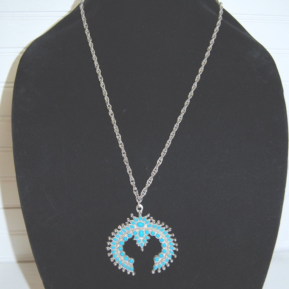 Vintage Necklace Beaded Silver-tone Turquoise Native Retro
